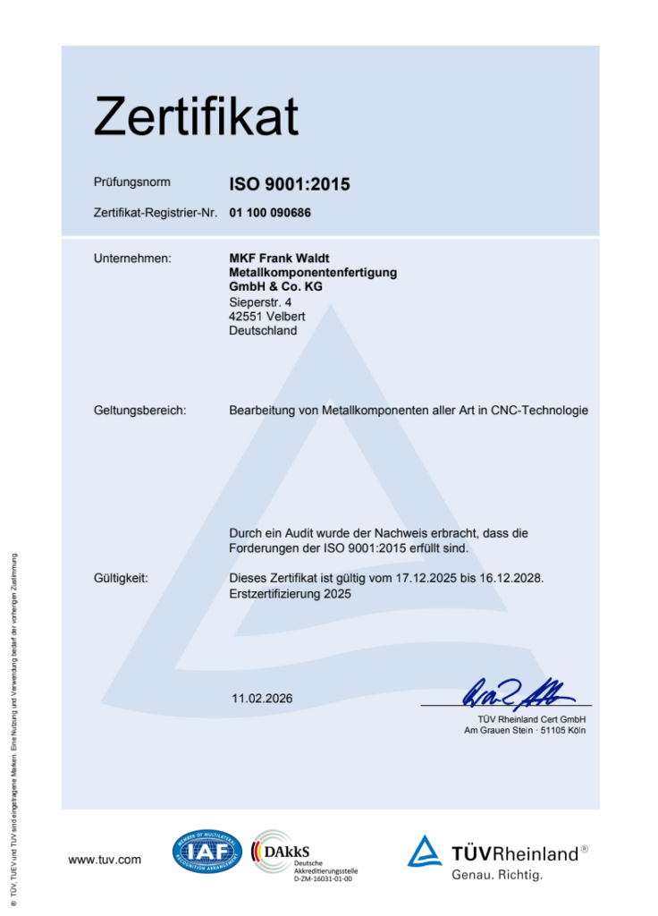 ISO Zertifizierung 9001:2015 der MKF
